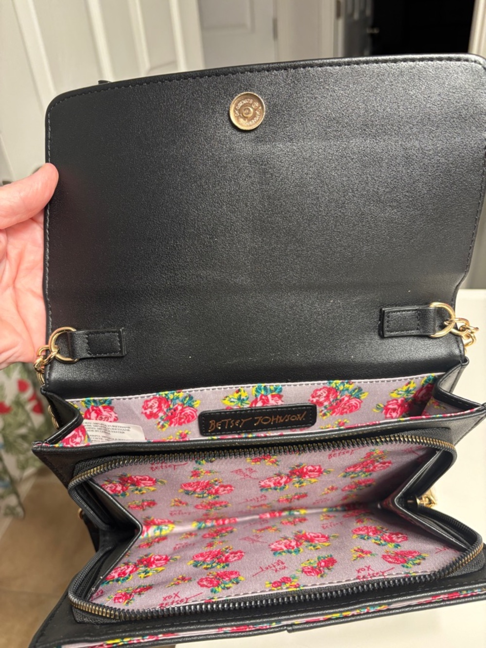 Betsey Johnson Black Floral Crossbody with Pink Rose Print and Bow - Picture 4 of 8